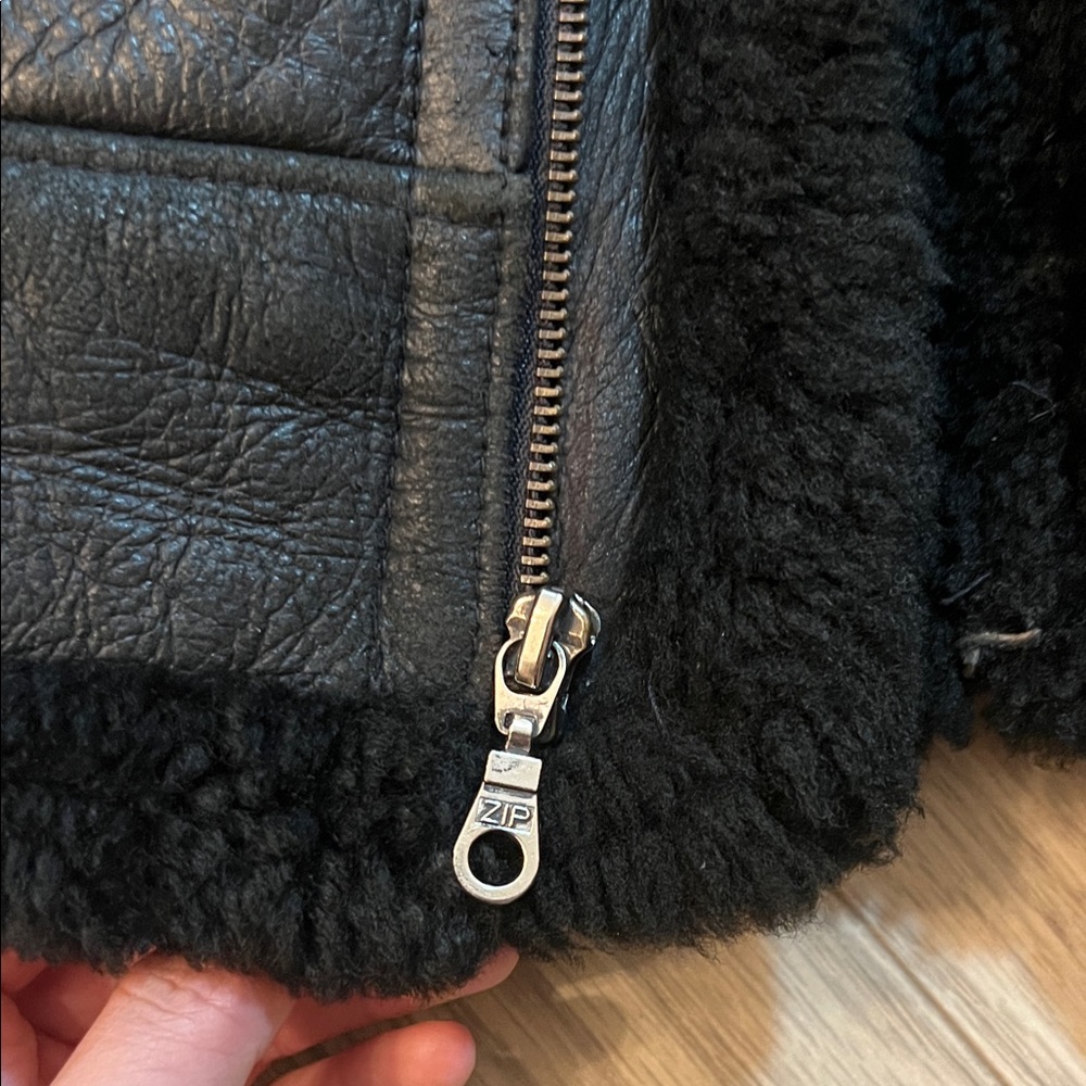 Black Shearling Leather Jacket with Removable Hood - Picture 4 of 11